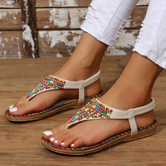 PU Leather Beaded Flat Sandals - Wellen Fashion