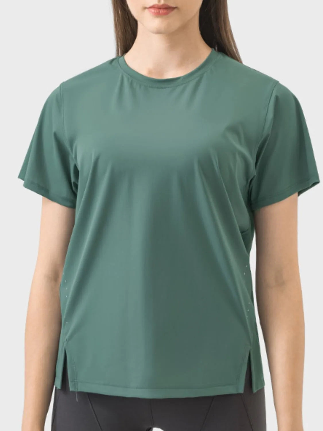 Millennia Slit Round Neck Short Sleeve Active T-Shirt - Wellen Fashion