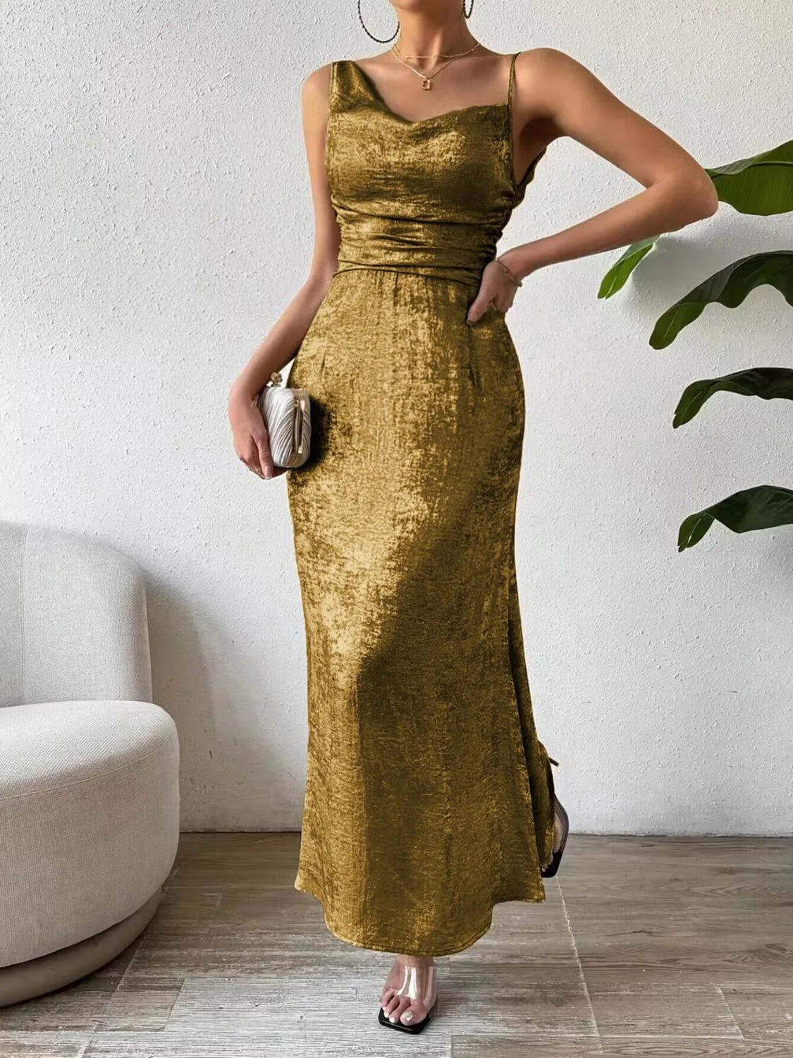 Honey Asymmetric Neck Sleeveless Midi Dress - Wellen Fashion