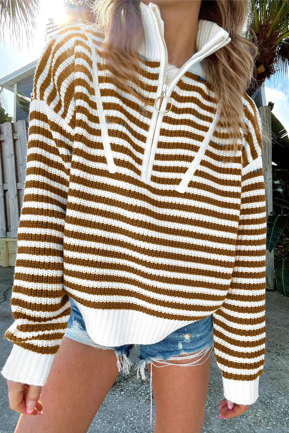 Striped Half Zip Long Sleeve Sweater - Wellen Fashion