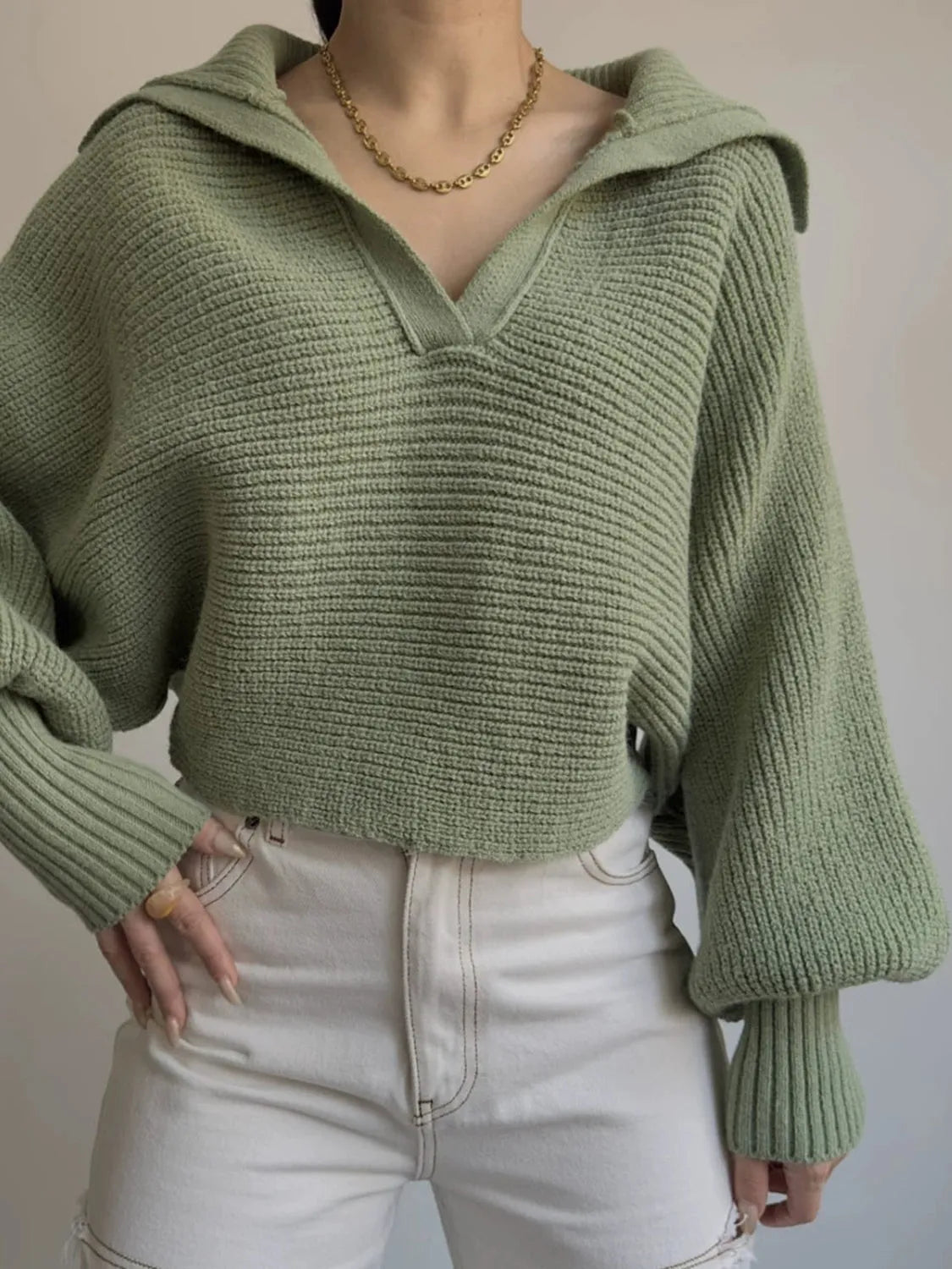 Johnny Collar Long Sleeve Sweater - Wellen Fashion