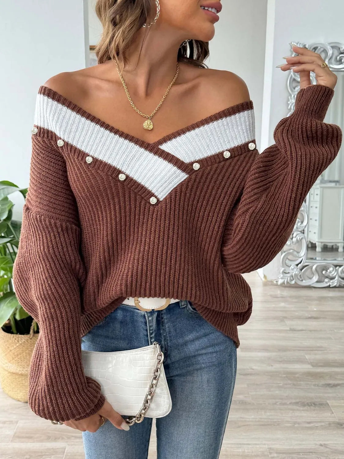 Contrast Trim Dropped Shoulder Long Sleeve Sweater - Wellen Fashion