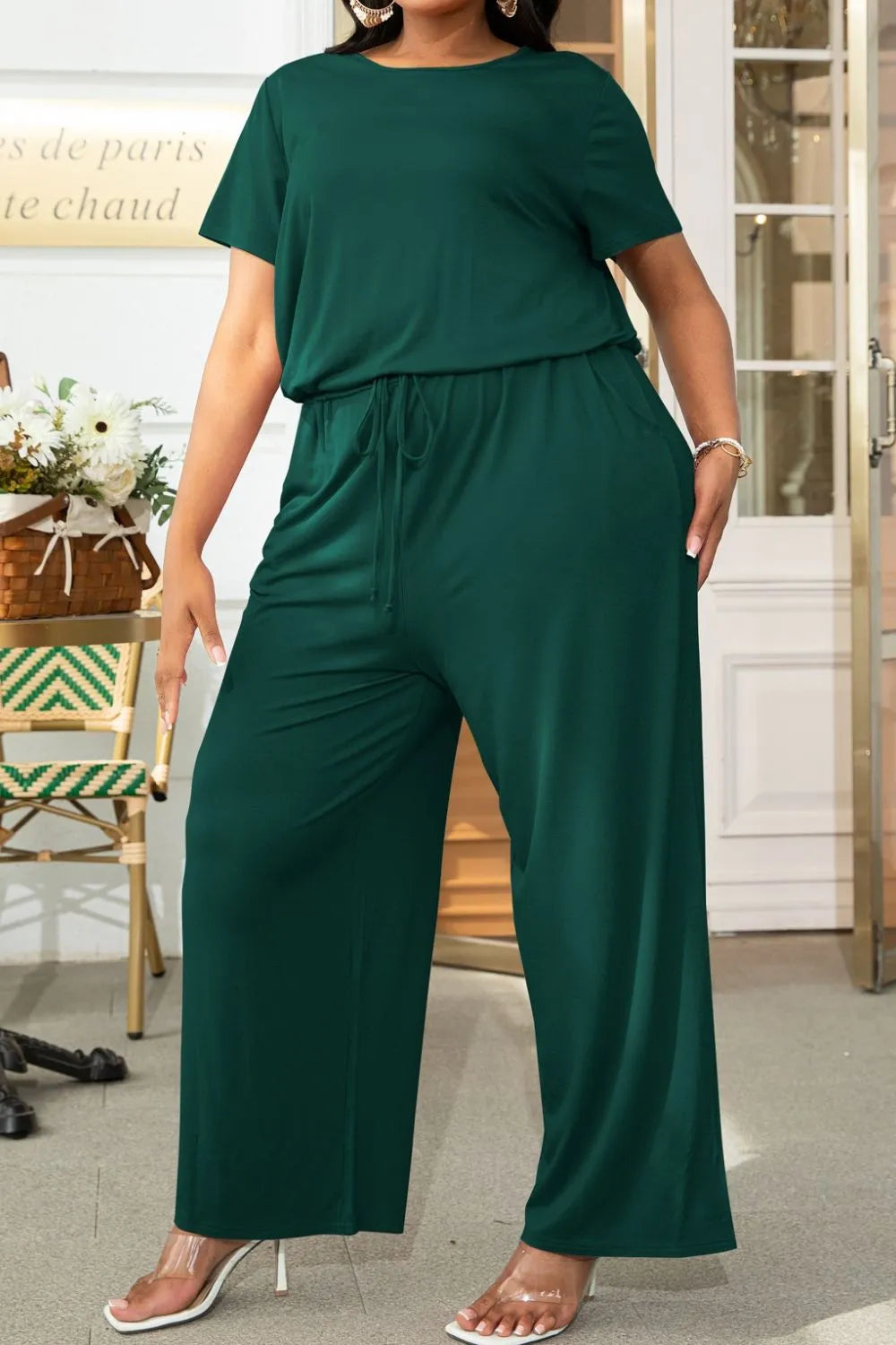 Plus Size Drawstring Waist Short Sleeve Jumpsuit - Wellen Fashion