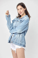 RISEN Full Size Distressed Long Sleeve Denim Jacket - Wellen Fashion