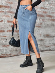 Slit High Waist Denim Skirt with Pockets - Wellen Fashion