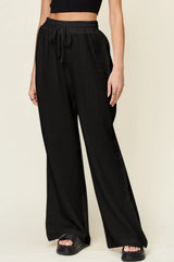 Double Take Full Size Texture Drawstring Wide Leg Pants - Wellen Fashion