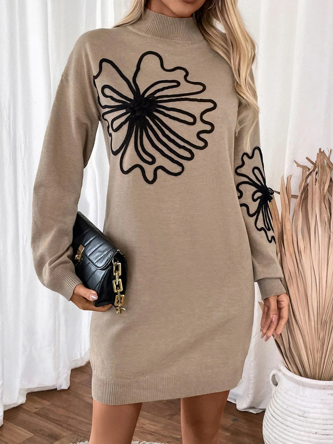 Perfee Flower Mock Neck Long Sleeve Sweater Dress - Wellen Fashion