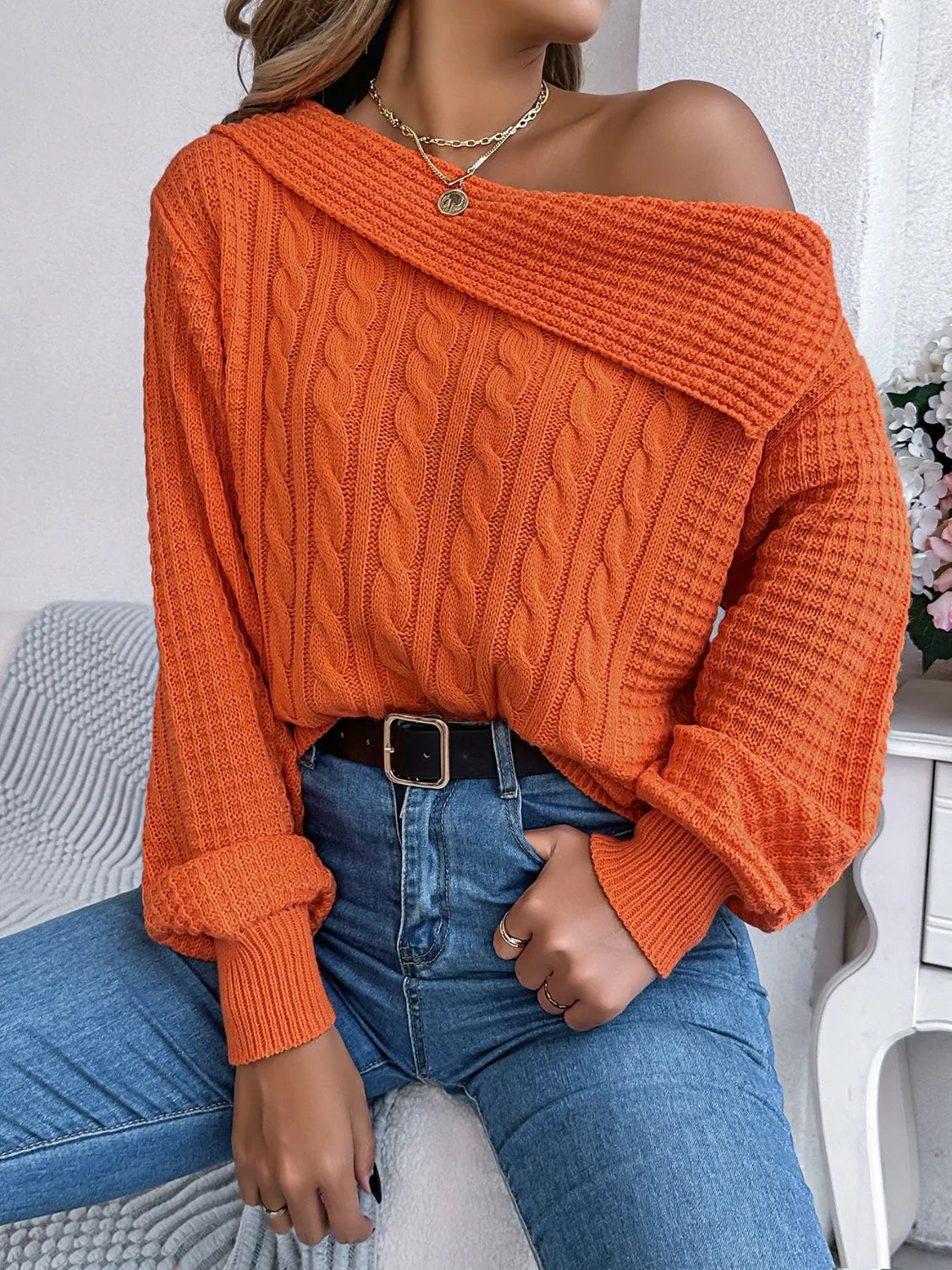 Cable-Knit One Shoulder Long Sleeve Sweater - Wellen Fashion