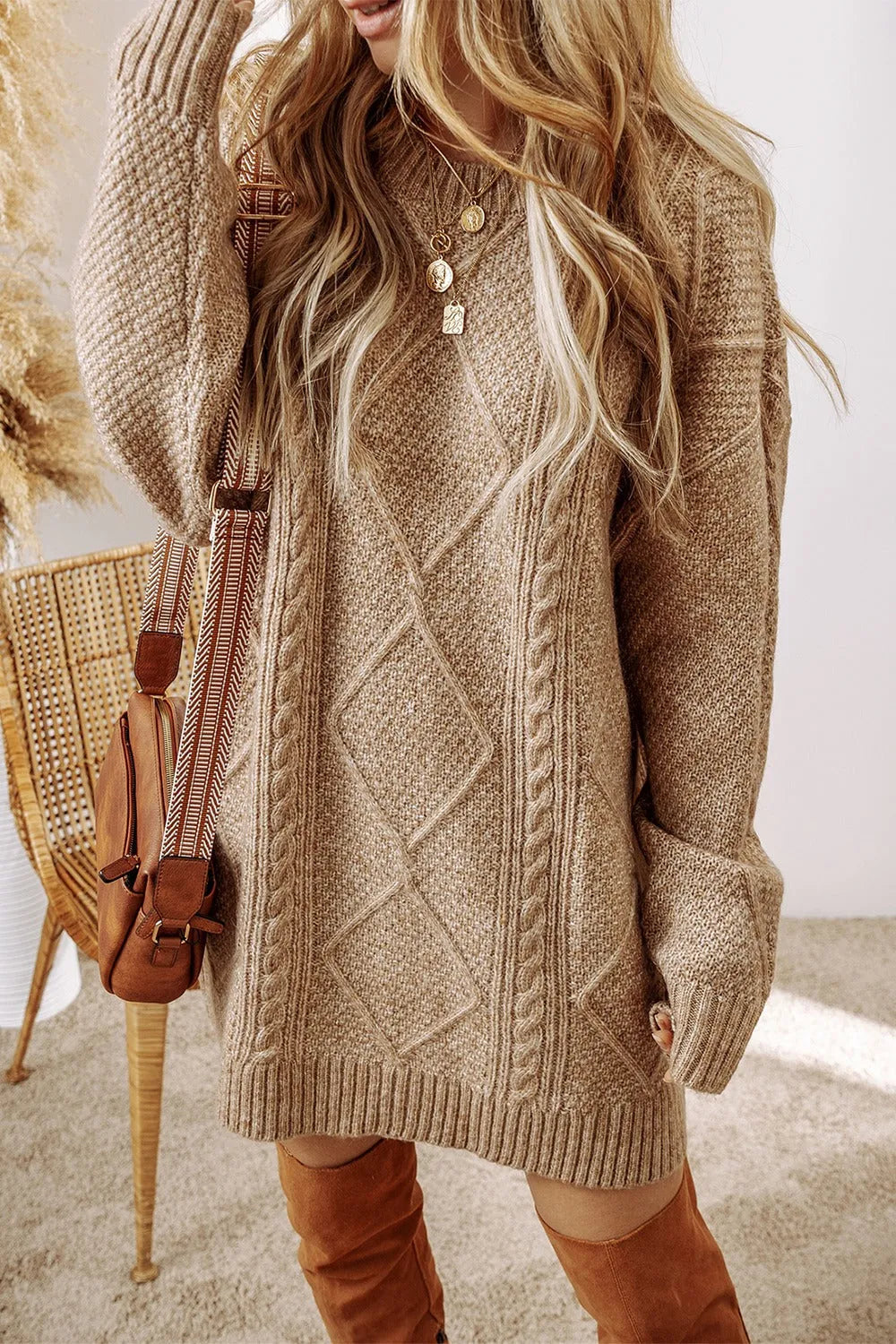 Cable-Knit Round Neck Sweater Dress - Wellen Fashion