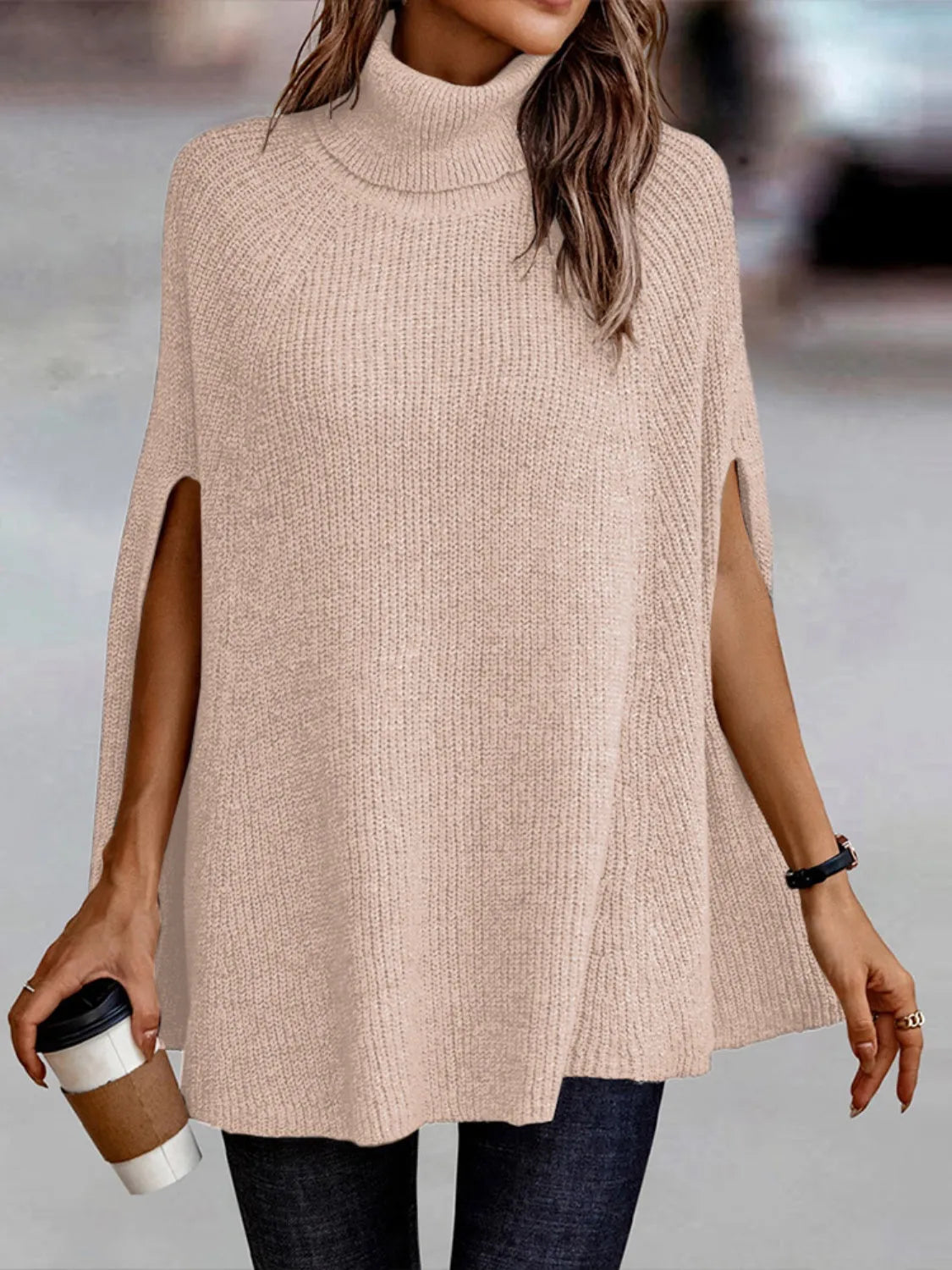 Turtleneck Dolman Sleeve Poncho - Wellen Fashion