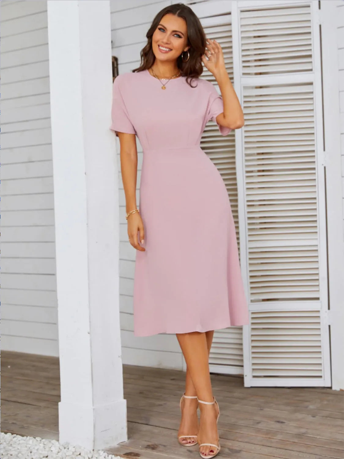 Round Neck Short Sleeve Midi Dress - Wellen Fashion