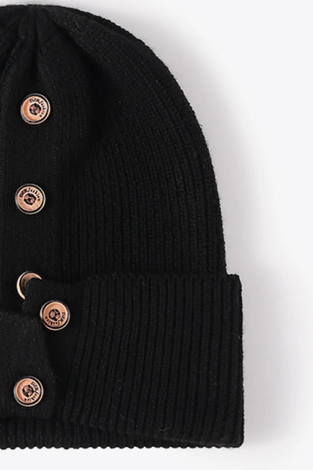 Button Detail Rib-Knit Cuff Beanie - Wellen Fashion