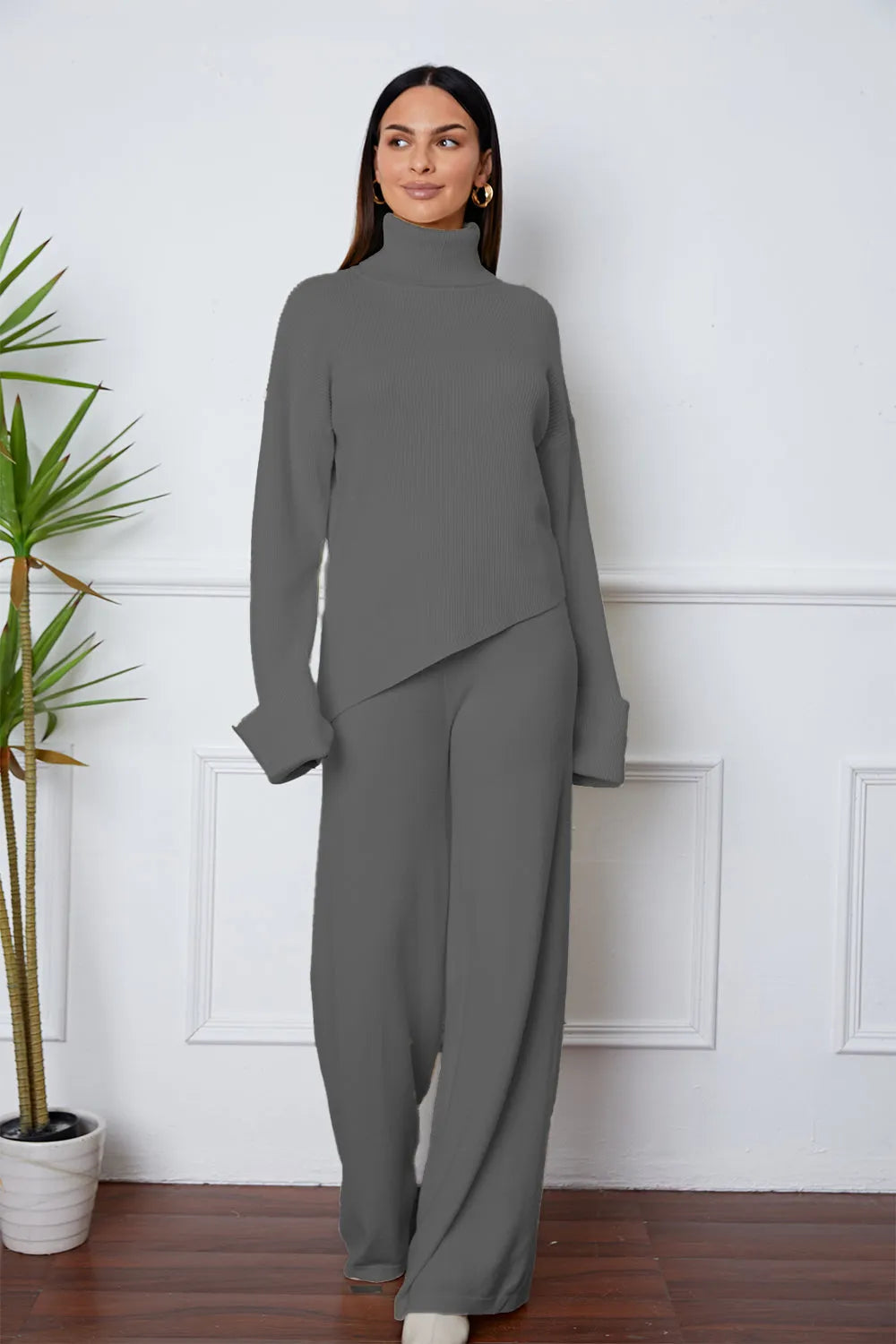 Turtleneck Dropped Shoulder Top and Pants Sweater Set - Wellen Fashion