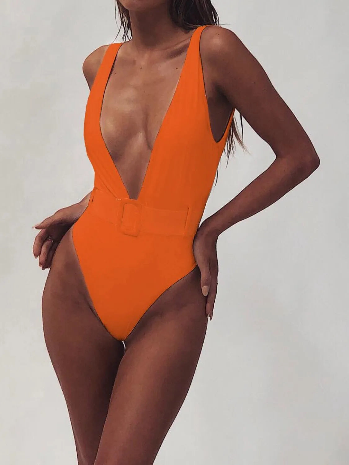 Plunge Wide Strap Sleeveless One-Piece Swimwear - Wellen Fashion