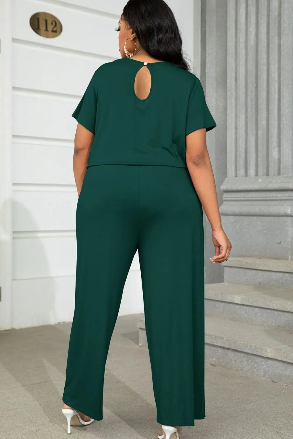 Plus Size Drawstring Waist Short Sleeve Jumpsuit - Wellen Fashion