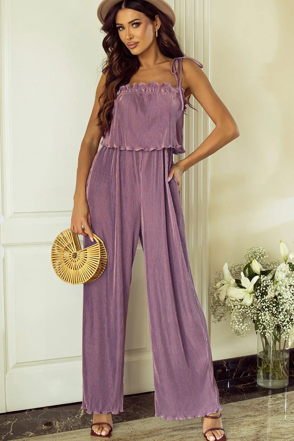 Square Neck Spaghetti Strap Jumpsuit - Wellen Fashion