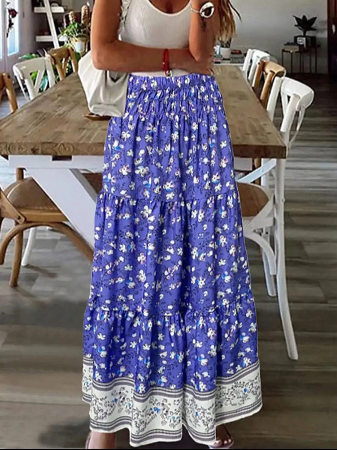 Full Size Tiered Printed Elastic Waist Skirt - Wellen Fashion