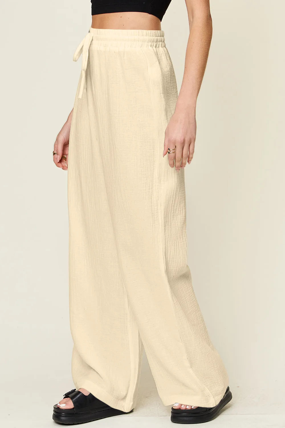 Double Take Full Size Texture Drawstring Wide Leg Pants - Wellen Fashion