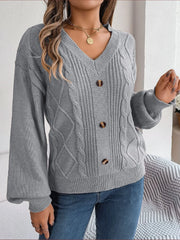 Cable-Knit Buttoned V-Neck Sweater - Wellen Fashion