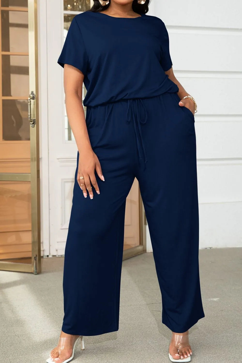 Plus Size Drawstring Waist Short Sleeve Jumpsuit - Wellen Fashion