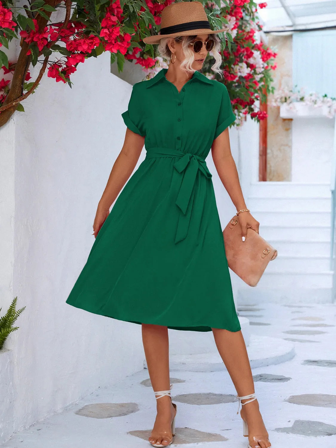 Buttoned Tie Waist Short Sleeve Dress - Wellen Fashion