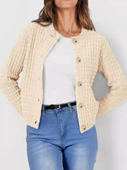 Button Up Round Neck Long Sleeve Cardigan - Wellen Fashion