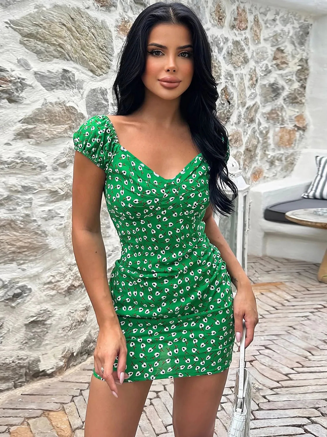 Printed V-Neck Short Sleeve Mini Dress - Wellen Fashion