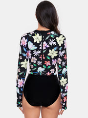 Flower Round Neck Long Sleeve One-Piece Swimwear - Wellen Fashion