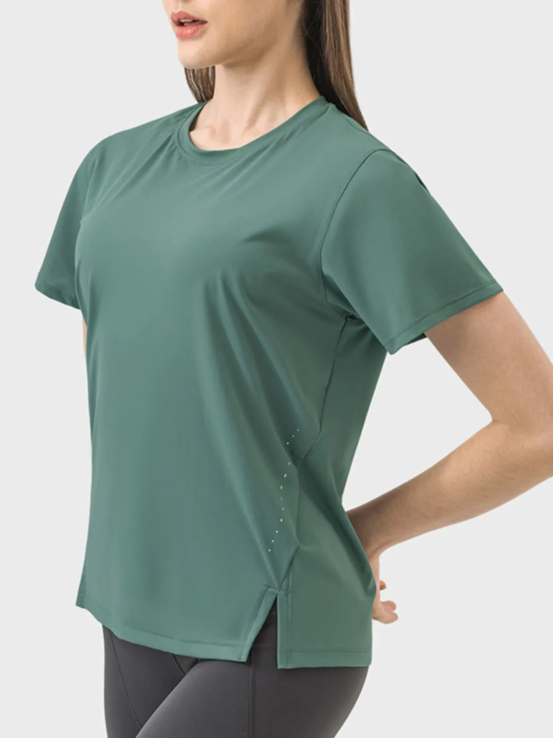 Millennia Slit Round Neck Short Sleeve Active T-Shirt - Wellen Fashion