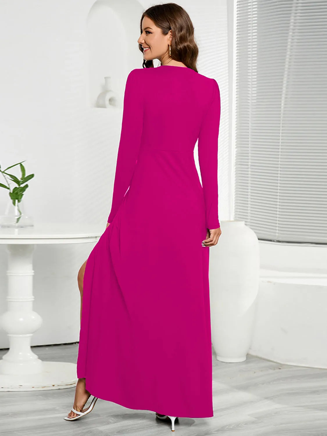 V-Neck Long Sleeve Split Dress - Wellen Fashion