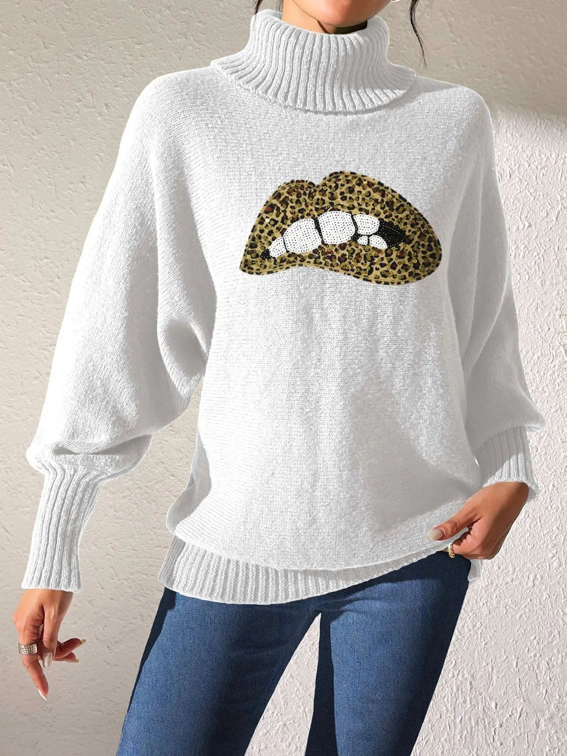 Lip Turtleneck Long Sleeve Sweater - Wellen Fashion