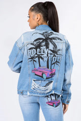 American Bazi Graphic Distressed Long Sleeve Denim Jacket - Wellen Fashion