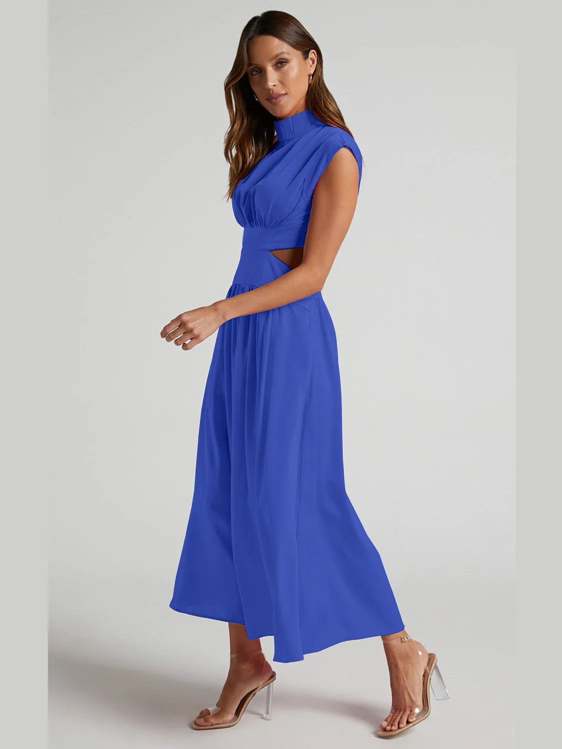 Cutout Mock Neck Sleeveless Ruched Dress - Wellen Fashion