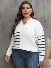 Plus Size Striped V-Neck Sweater - Wellen Fashion