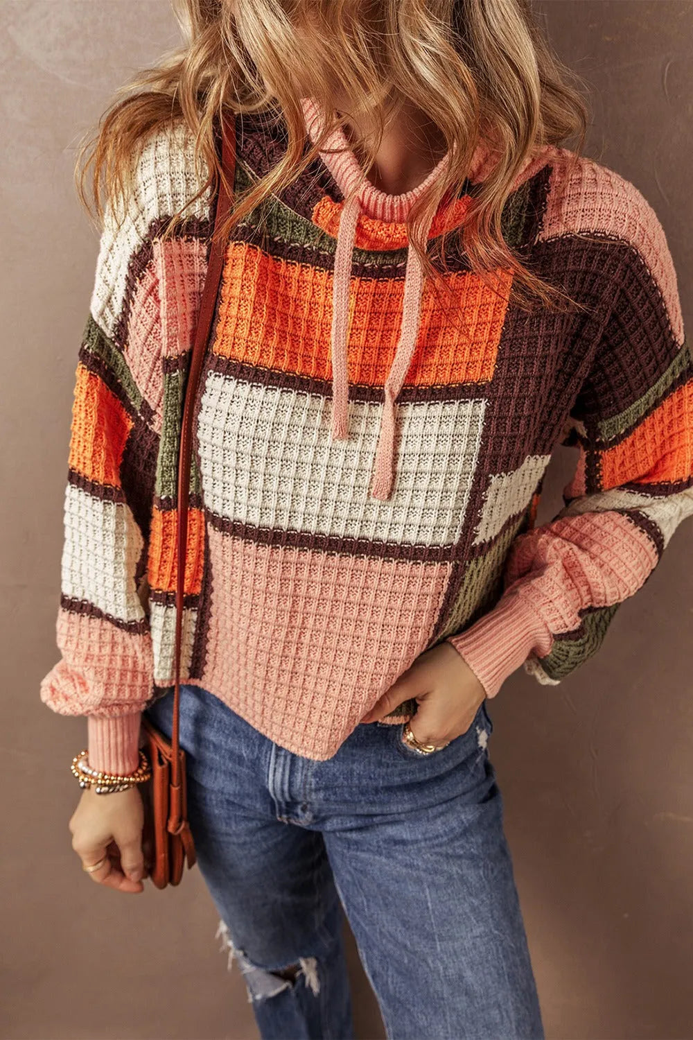 Drawstring Color Block Long Sleeve Sweater - Wellen Fashion