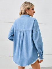 Distressed Raw Hem Dropped Shoulder Denim Jacket - Wellen Fashion