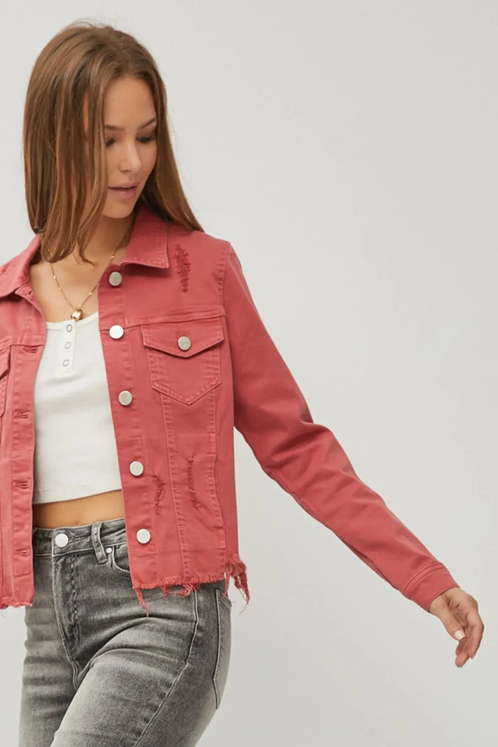 RISEN Raw Hem Button Up Cropped Denim Jacket - Wellen Fashion