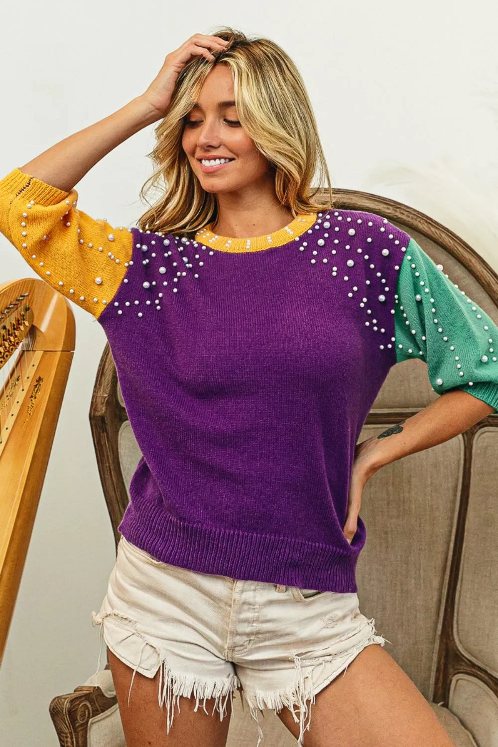 BiBi Color Block Pearl Detail Round Neck Sweater - Wellen Fashion