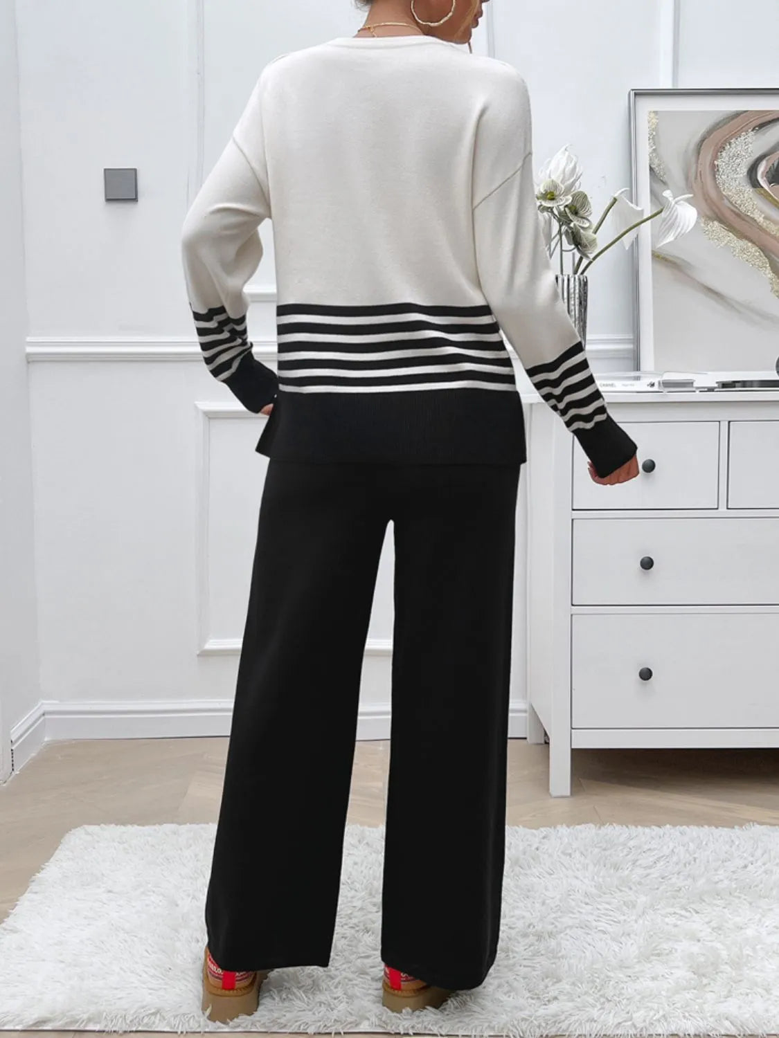 Devine Slit Striped Round Neck Top and Pants Sweater Set - Wellen Fashion