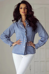 Frill Button Up Long Sleeve Denim Top - Wellen Fashion