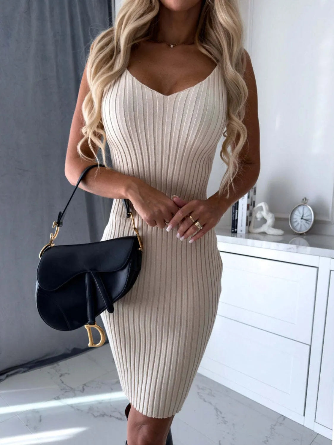 Ribbed Round Neck Top and Cami Dress Sweater Set - Wellen Fashion