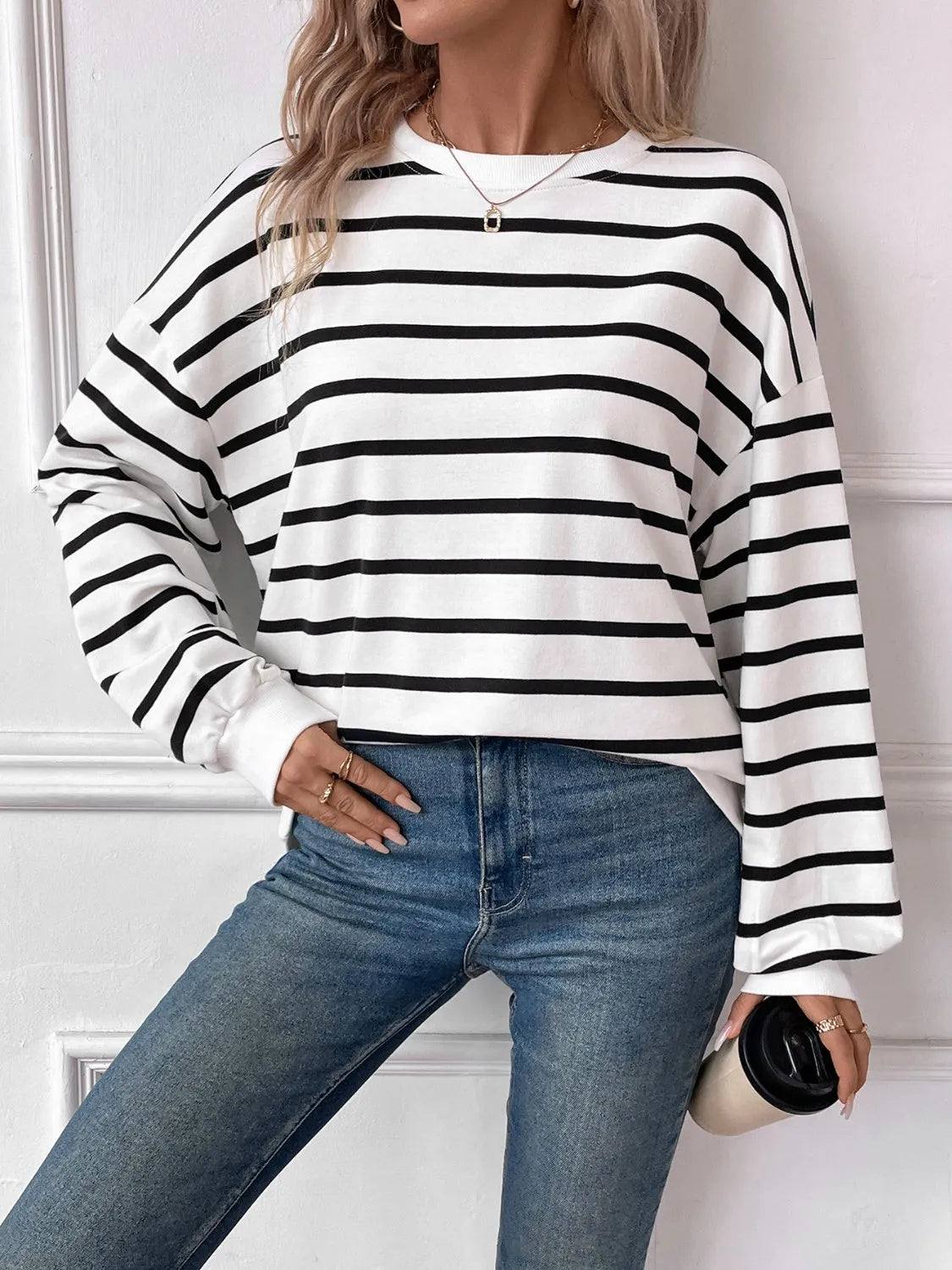 Lovelet Striped Round Neck Long Sleeve Sweatshirt - Wellen Fashion