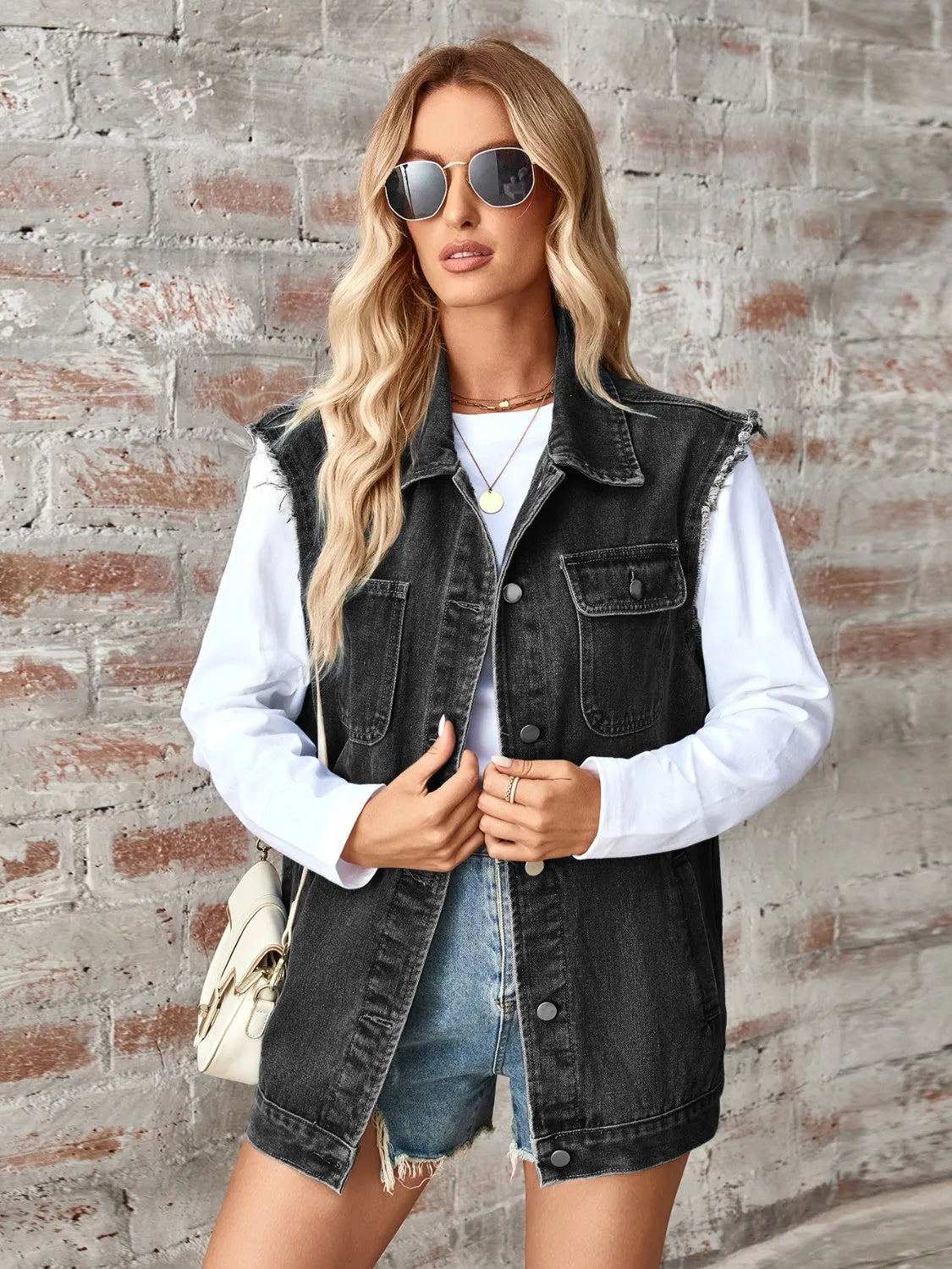 Raw Hem Sleeveless Button Up Denim Jacket - Wellen Fashion