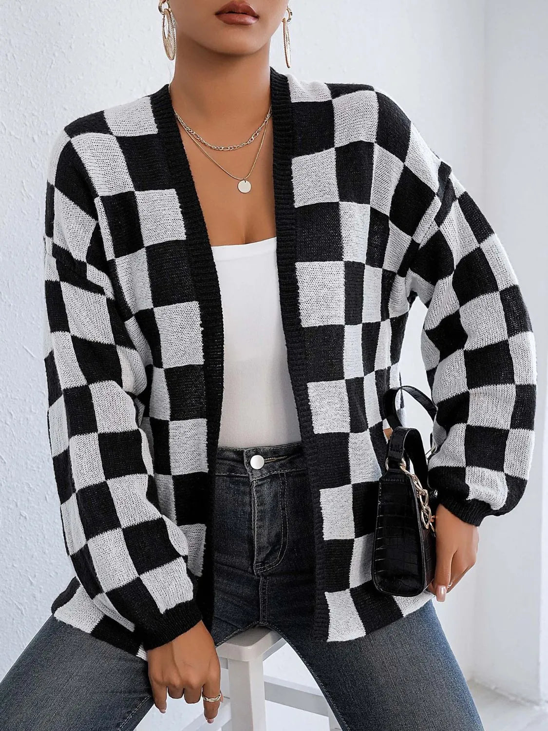 Checkered Open Front Long Sleeve Cardigan - Wellen Fashion