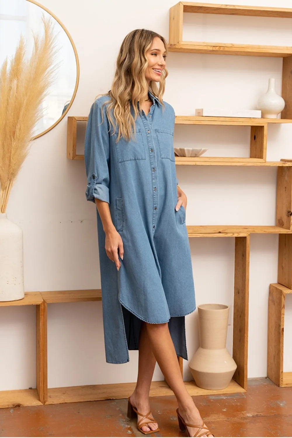 Sew In Love High-Low Button Up Roll-Tab Sleeve Denim Dress - Wellen Fashion