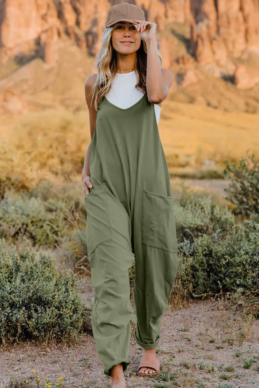 Double Take Full Size V-Neck Sleeveless Jumpsuit with Pockets - Wellen Fashion