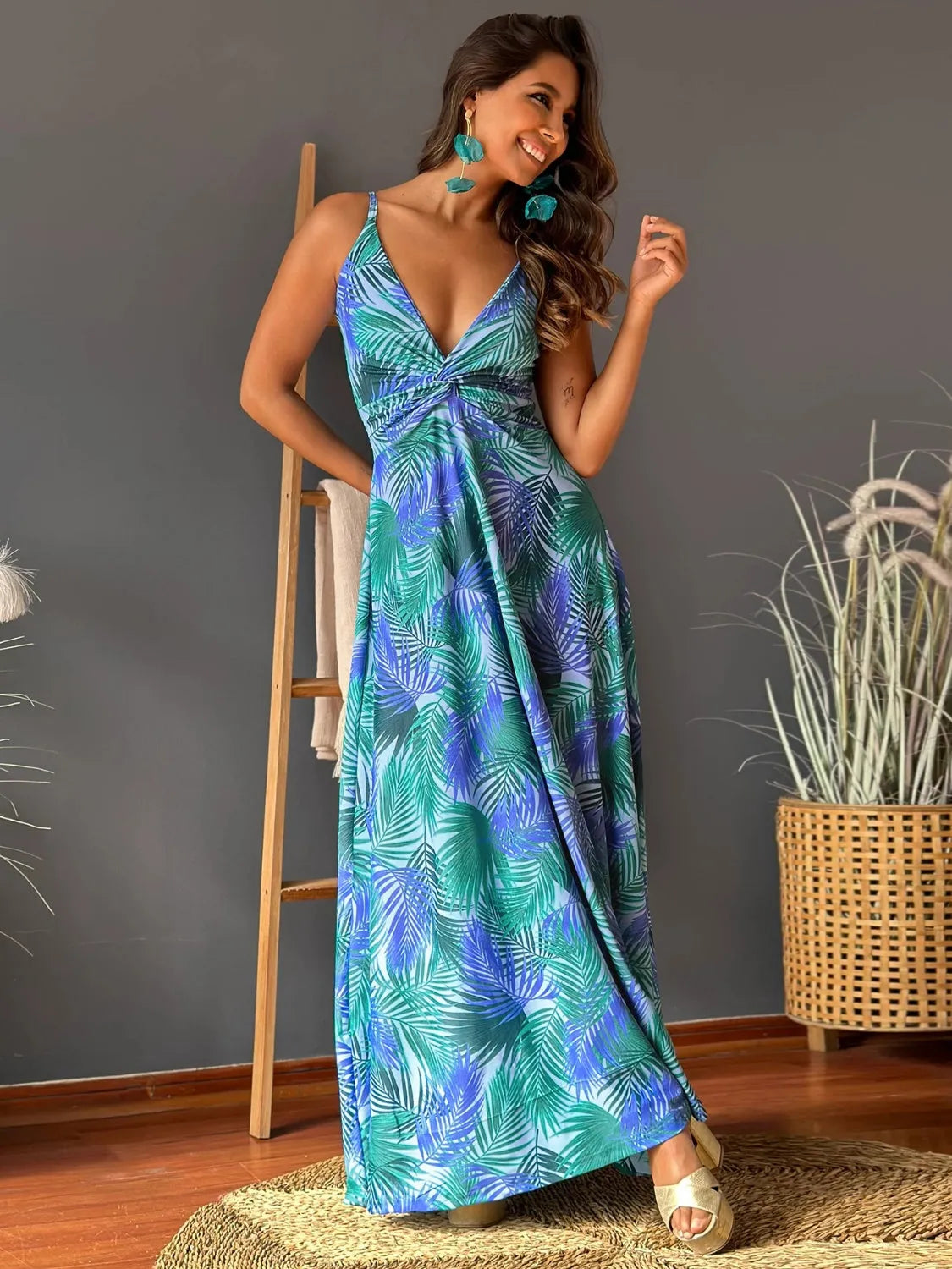 Twisted Printed V-Neck Cami Dress - Wellen Fashion