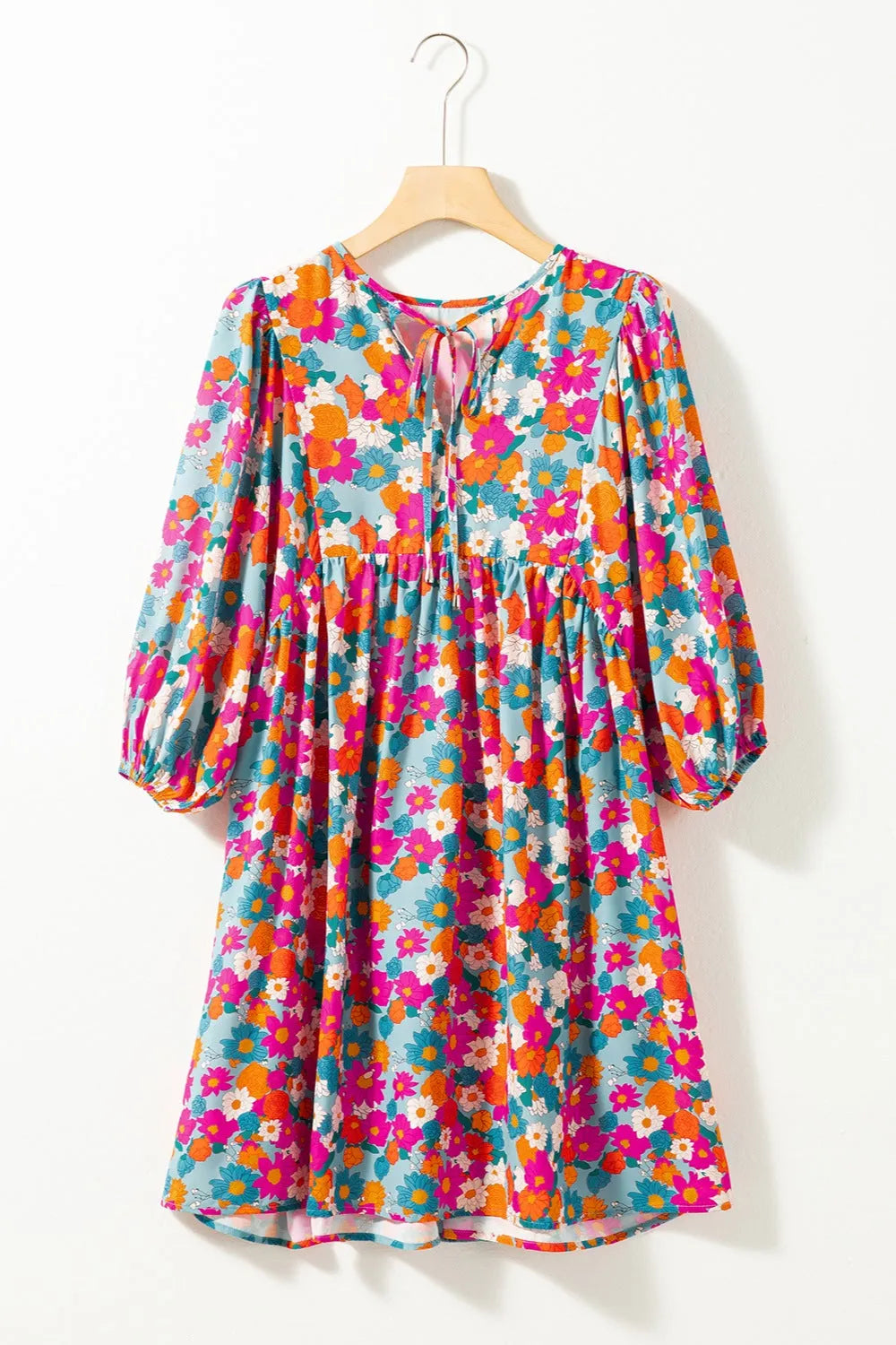 Floral Tie Neck Puff Sleeve Mini Dress - Wellen Fashion