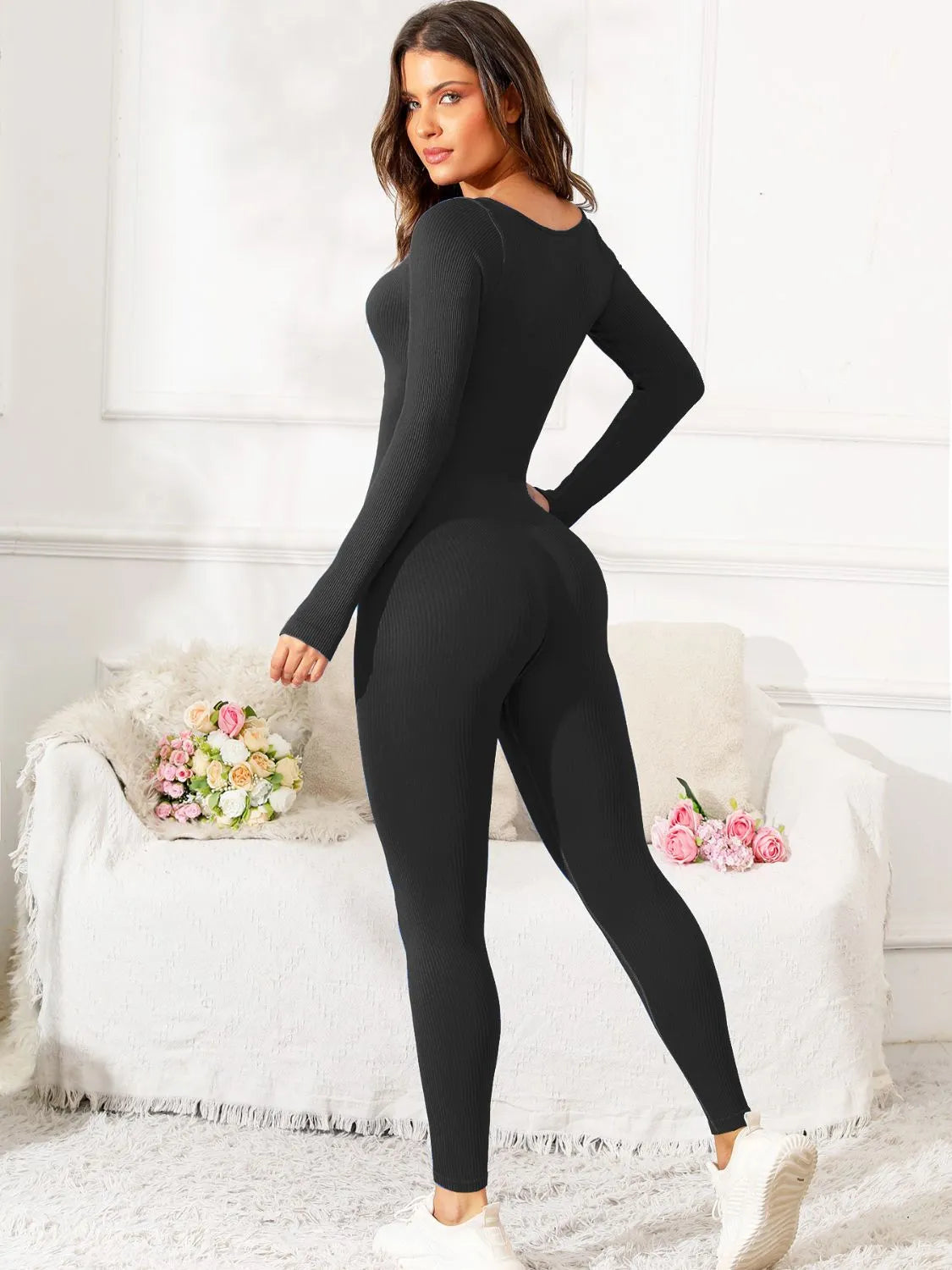 Scoop Neck Long Sleeve Active Jumpsuit - Wellen Fashion