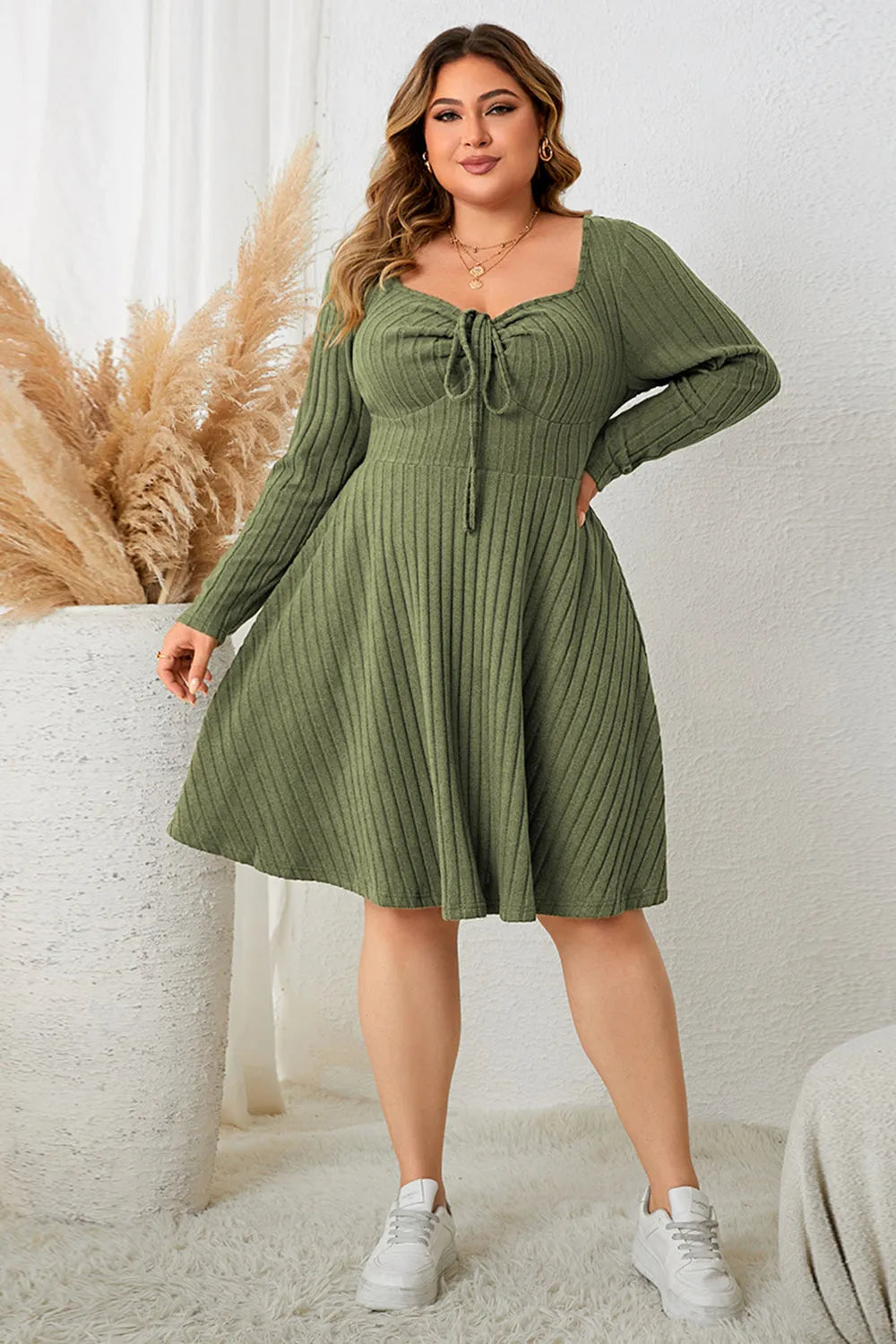 Honey Plus Size Sweetheart Neck Long Sleeve Ribbed Dress - Wellen Fashion